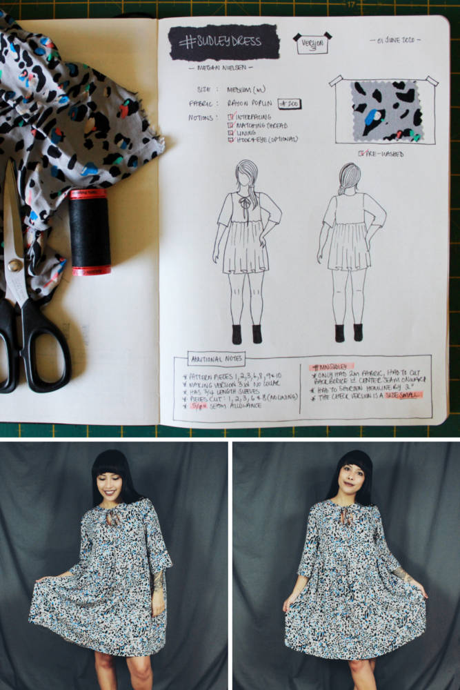 Raylene's year of fashion sewing from #sketch2finish! Sewing pattern: Megan Nielsen Sudley Dress, a reversible loose fit gathered waist dress in a colorful animal print Rayon Poplin. Here we see Raylene's original bullet journal sketch on her custom croquis figure from MyBodyModel alongside her finished garment.