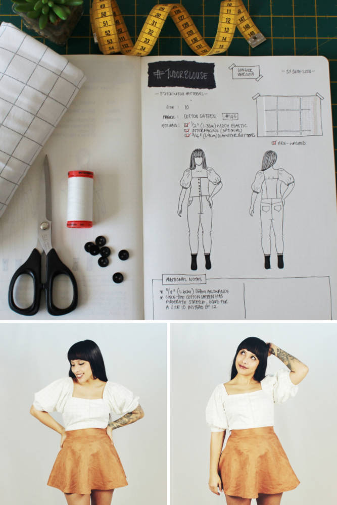 Raylene's year of fashion sewing from #sketch2finish! Sewing pattern: Stitch Witch Patterns Tudor Blouse, a whimsical summery square collar and puffed sleeve blouse in a white Cotton Sateen. Here we see Raylene's original bullet journal sketch on her custom croquis figure from MyBodyModel alongside her finished garment, styled with a short muted orange high-waisted skirt.