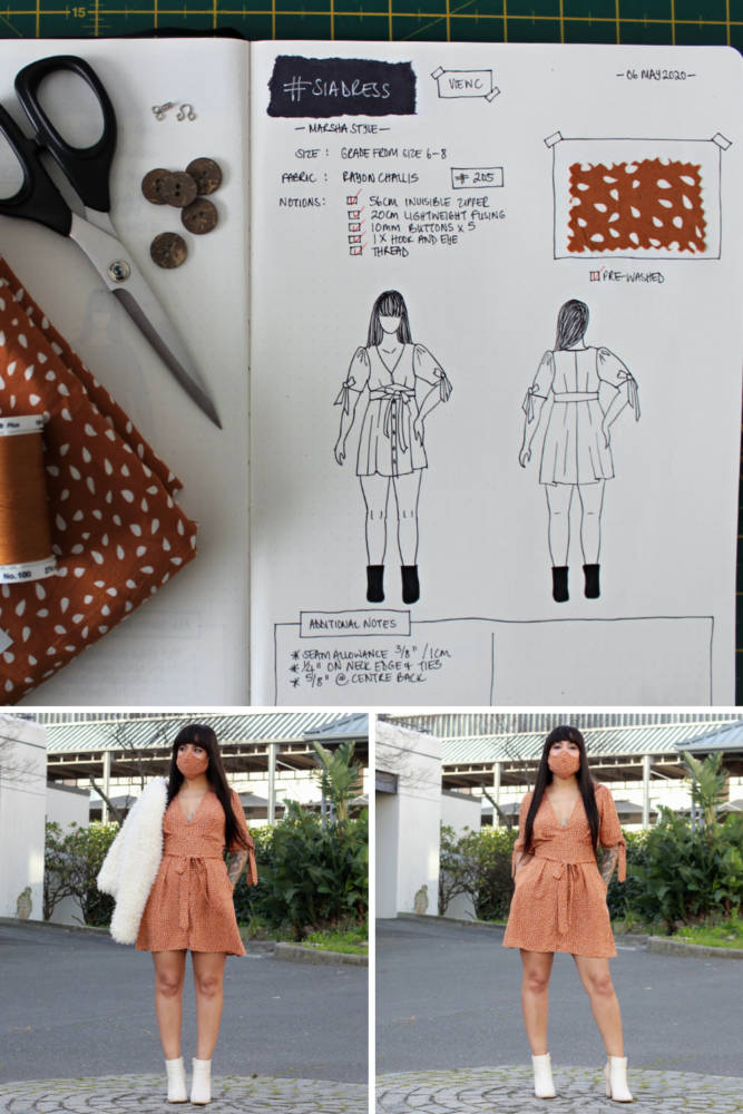 Raylene's year of fashion sewing from #sketch2finish! Sewing pattern: Marsha Style Sia Dress, a short dress with a low V neckline, front bust pleats, and shaped waist band in a muted orange and white Rayon Challis. Here we see Raylene's original bullet journal sketch on her custom croquis figure from MyBodyModel alongside her finished garment, styled with a matching mask and white heeled ankle boot.