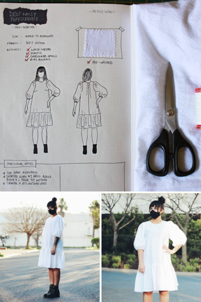 Raylene's year of fashion sewing from #sketch2finish! Sewing pattern: Raylene's self drafted drop-waist dress, a short flowy dress with tiers and mid-length puffed sleeves in white cotton. Here we see Raylene's original bullet journal sketch on her custom croquis figure from MyBodyModel alongside her finished garment, styled with a black mask and black chunky-heel ankle boots.