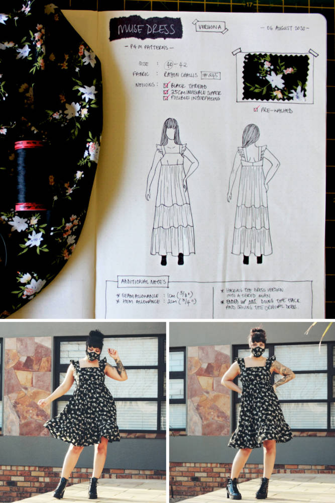 Raylene's year of fashion sewing from #sketch2finish! Sewing pattern: P&M Patterns Muse Dress, a flowy mid-length tiered dress with ruffle straps in a floral Rayon Challis. Here we see Raylene's original bullet journal sketch on her custom croquis figure from MyBodyModel alongside her finished garment, styled with a matching mask and black chunky-heeled ankly boots.