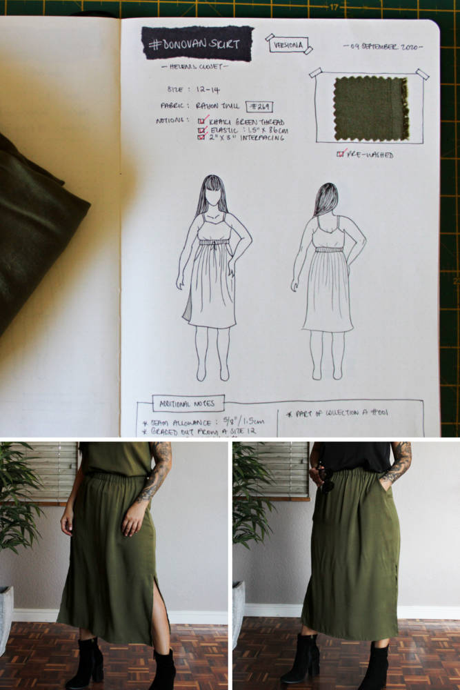 Raylene's year of fashion sewing from #sketch2finish! Sewing pattern: Helen's Closet Donovan Skirt, a classic long elastic waist skirt in an olive-toned rayon twill. Here we see Raylene's original bullet journal sketch on her custom croquis figure from MyBodyModel alongside her finished garment, styled with a matching olive top or black top and black heeled ankle boot.