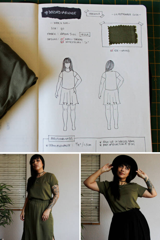 Raylene's year of fashion sewing from #sketch2finish! Sewing pattern: Deer and Doe La Blouse from their Dressed ebook, a relaxed-fit short sleeved blouse in an olive-toned rayon twill. Here we see Raylene's original bullet journal sketch on her custom croquis figure from MyBodyModel alongside her finished garment, styled with a matching olive-toned skirt or black skirt and a black hat.
