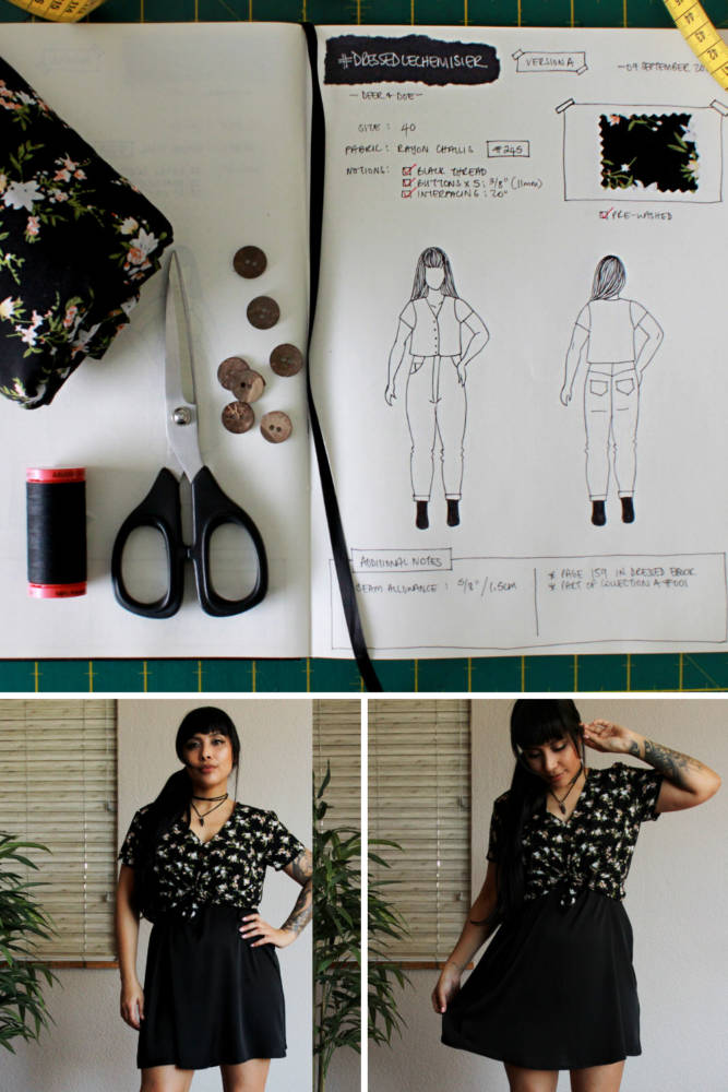 Raylene's year of fashion sewing from #sketch2finish! Sewing pattern: Deer and Doe Le Chemisier from their Dressed ebook, a relaxed-fit short sleeved blouse tied in the front in a floral Rayon Challis. Here we see Raylene's original bullet journal sketch on her custom croquis figure from MyBodyModel alongside her finished garment, styled with a black skirt and necklace.