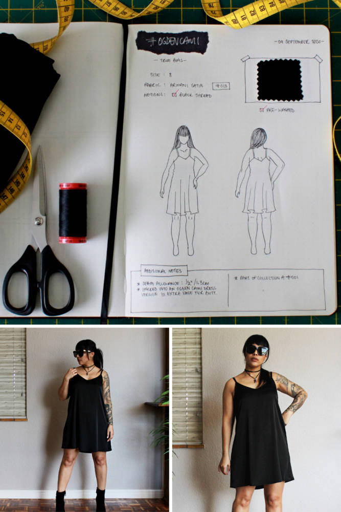 Raylene's year of fashion sewing from #sketch2finish! Sewing pattern: Dress hacked from the True Bias Ogden Cami, a short dress with spaghetti straps and a soft v-neck in a black Armani Satin. Here we see Raylene's original bullet journal sketch on her custom croquis figure from MyBodyModel alongside her finished garment, styled with black ankle boots, large sunglasses, and a necklace.