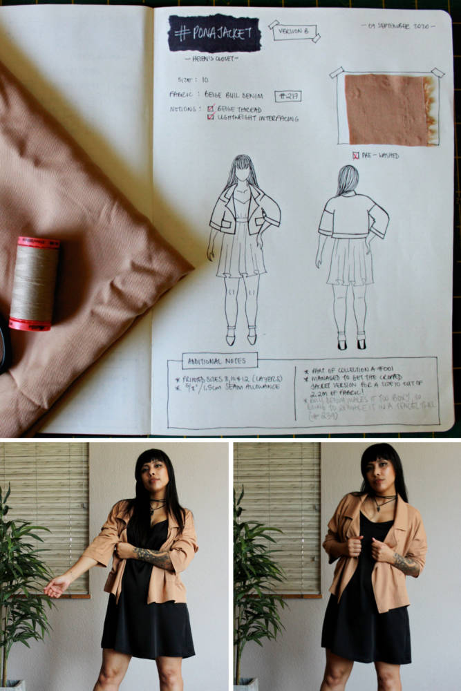Raylene's year of fashion sewing from #sketch2finish! Sewing pattern: Helen's Closet Pona Jacket, a relaxed jacket in the style of an oversized wide-lapel blazer in a rosy beige rayon twill. Here we see Raylene's original bullet journal sketch on her custom croquis figure from MyBodyModel alongside her finished garment, styled with a black dress and necklace.