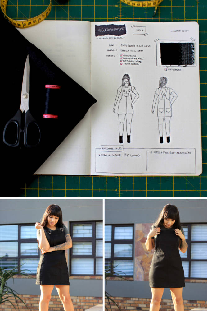 Raylene's year of fashion sewing from #sketch2finish! Sewing pattern: Tilly and the Buttons Cleo Pinafore + Dungaree Dress, a comfortable mini length dress and dungaree combo in stretch twill denim. Here we see Raylene's original sewing bullet journal sketch on her custom croquis figure from MyBodyModel alongside her finished garment.