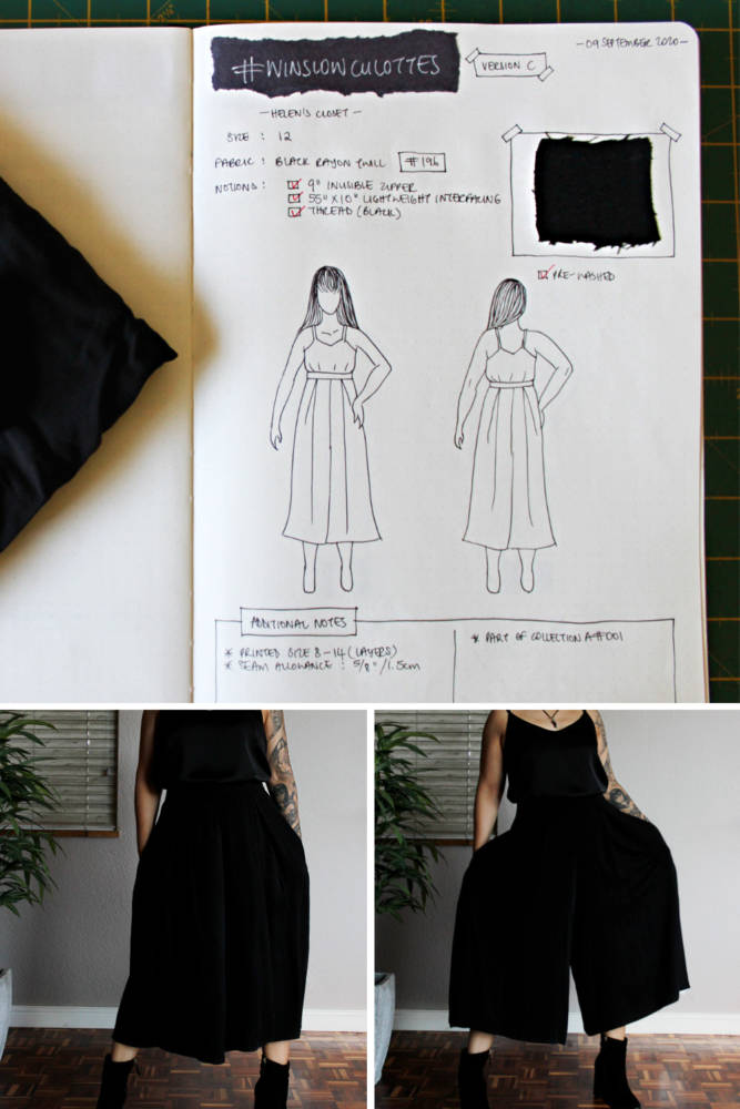 Raylene's year of fashion sewing from #sketch2finish! Sewing pattern: Helen's Closet Winslow Culottes, a loose fit high-waisted   pant in a black rayon twill. Here we see Raylene's original bullet journal sketch on her custom croquis figure from MyBodyModel alongside her finished garment, styled with a matching black sleeveless top and black ankle boots.