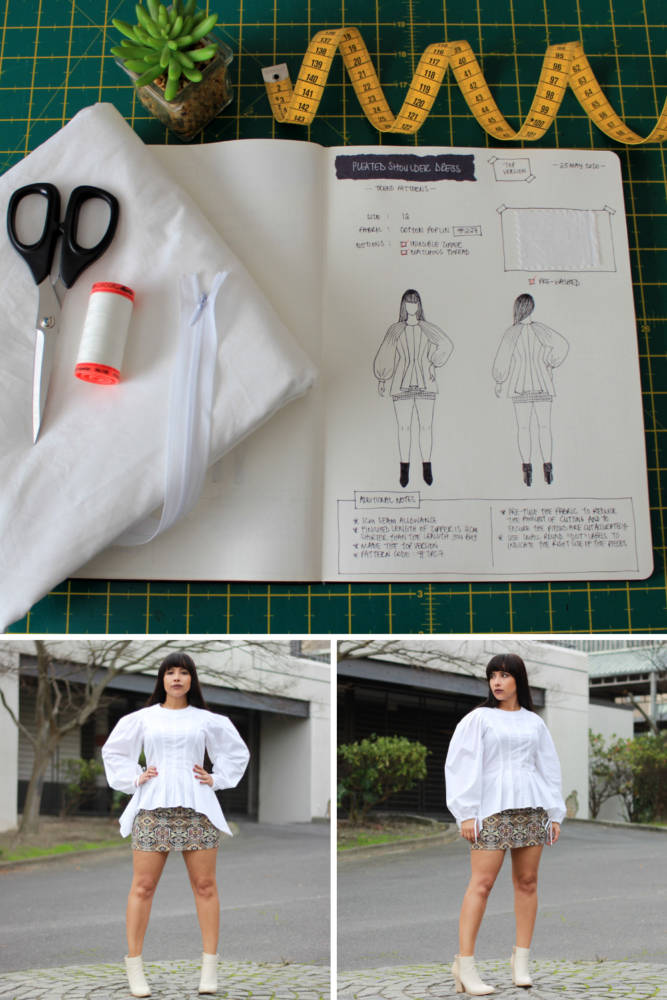 Raylene's year of fashion sewing from #sketch2finish! Sewing pattern: Trend Patterns TPC7 Pleated Shoulder Top, a heavily pleated blouse with voluminous puffed sleeves in a white Cotton Poplin. Here we see Raylene's original bullet journal sketch on her custom croquis figure from MyBodyModel alongside her finished garment, styled with a patterned miniskirt and off-white heeled ankle boots. 