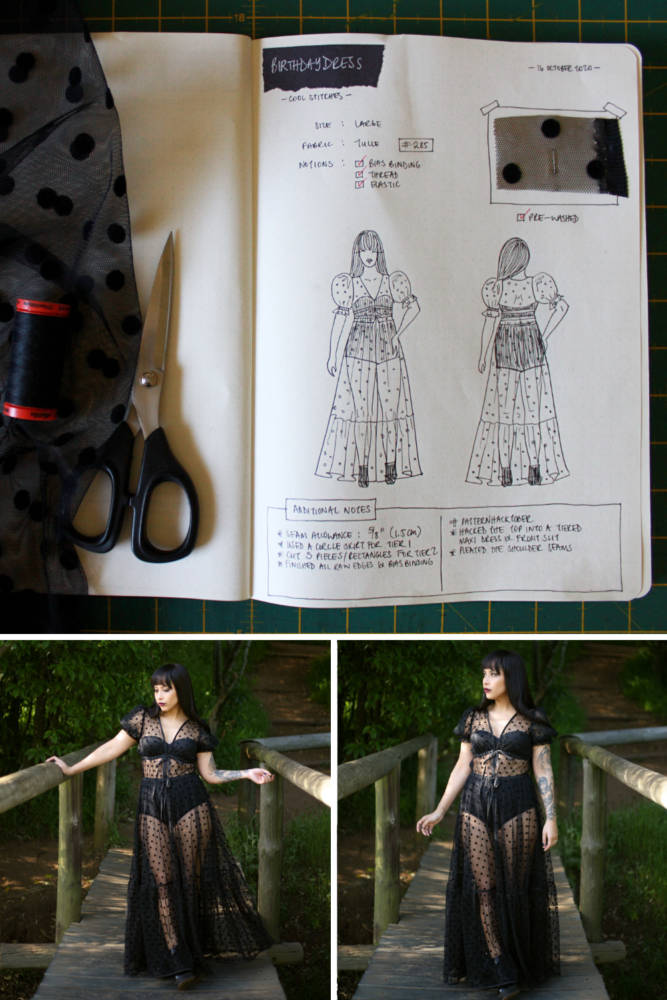 Raylene's year of fashion sewing from #sketch2finish! Sewing pattern: A dress hacked from the Cool Stitches Elliot Front Tie Top, a long flowing dress with shirt puffed sleeves, a deep v neckline, and a gathered waist in a sheer black tulle. Here we see Raylene's original bullet journal sketch on her custom croquis figure from MyBodyModel alongside her finished garment, styled with black undergarments and black ankle boots.
