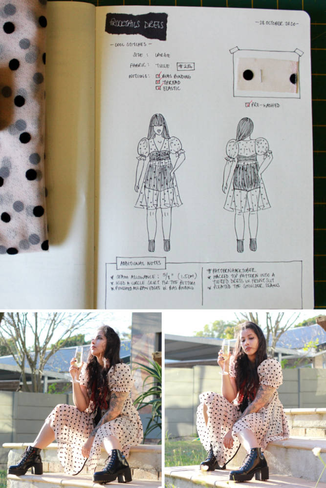 Raylene's year of fashion sewing from #sketch2finish! Sewing pattern: A dress hacked from the Cool Stitches Elliot Front Tie Top, a long flowing dress with shirt puffed sleeves, a deep v neckline, and a gathered waist in a dotted pink and black tulle. Here we see Raylene's original bullet journal sketch on her custom croquis figure from MyBodyModel alongside her finished garment, styled with black chunky-heel ankle boots.