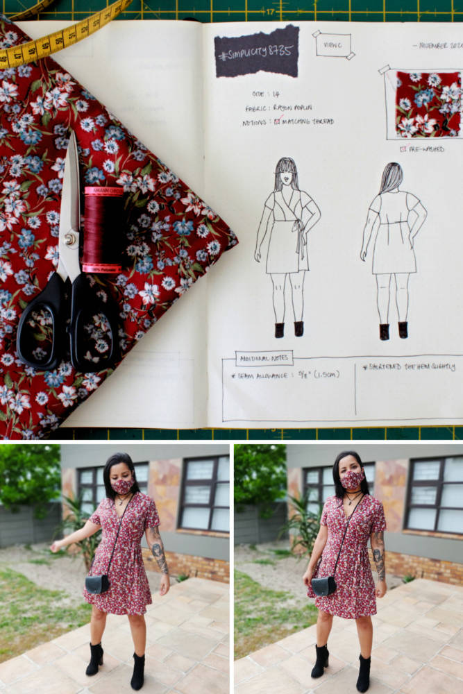 Raylene's year of fashion sewing from #sketch2finish! Sewing pattern: Simplicity S8735 Wrap Dress, a short flowy wrap dress in a red floral Rayon Poplin. Here we see Raylene's original bullet journal sketch on her custom croquis figure from MyBodyModel alongside her finished garment, styled with a matching mask, black cross-body purse, and black ankle boots.