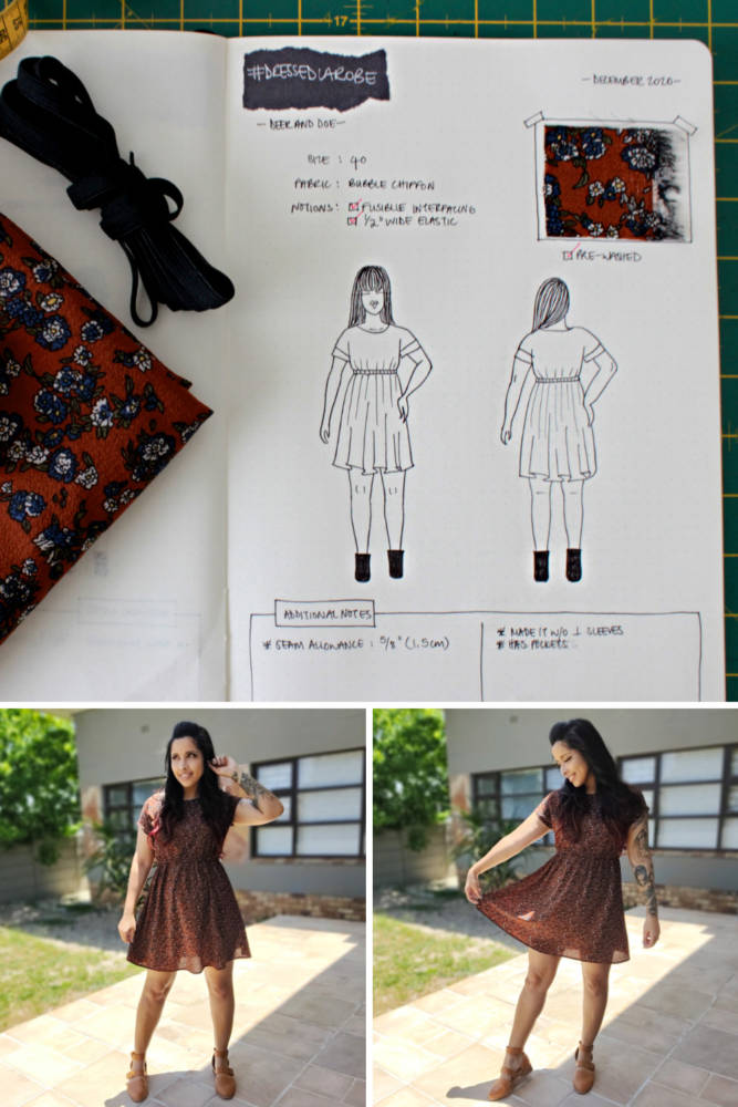 Raylene's year of fashion sewing from #sketch2finish! Sewing pattern: Deer and Doe La Robe from their Dressed ebook, a short flowy dress with short sleeves and a gathered waist in a dark red floral Bubble Chiffon. Here we see Raylene's original bullet journal sketch on her custom croquis figure from MyBodyModel alongside her finished garment, styled with summery tan closed-toe sandals.