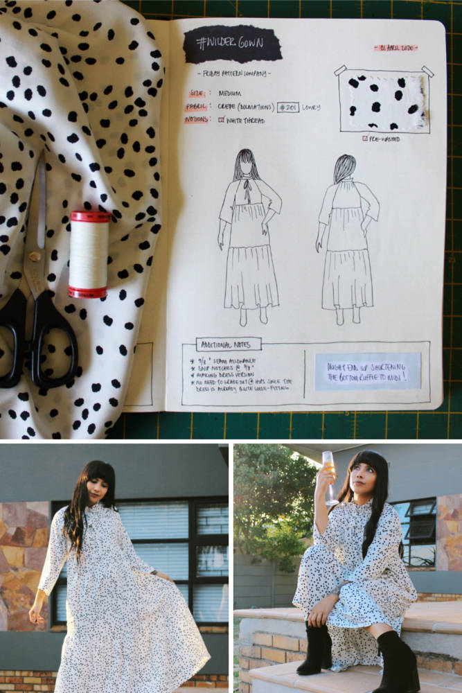 Raylene's year of fashion sewing from #sketch2finish! Sewing pattern: Friday Pattern Company Wilder Gown, a flowy tiered maxi length dress in crepe fabric. Here we see Raylene's original sewing journal sketch on her custom croquis figure from MyBodyModel alongside her finished garment, styled with black ankle boots.