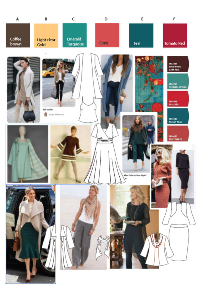 Jacqui's digitally designed moodboard of colors, style inspiration, patterns, and clothing sketches.