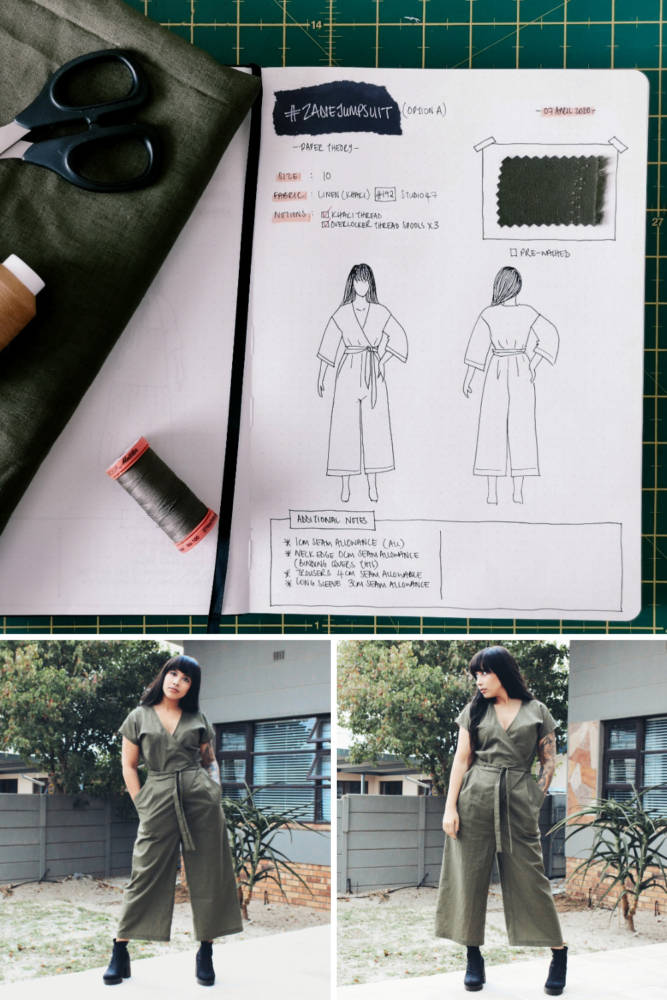 Raylene's year of fashion sewing from #sketch2finish! Sewing pattern: Paper Theory Zadie Jumpsuit, a relaxed short sleeved jumpsuit in an olive-toned linen. Here we see Raylene's original bullet journal sketch on her custom croquis figure from MyBodyModel alongside her finished garment, styled with a dark chunky-heel boot.