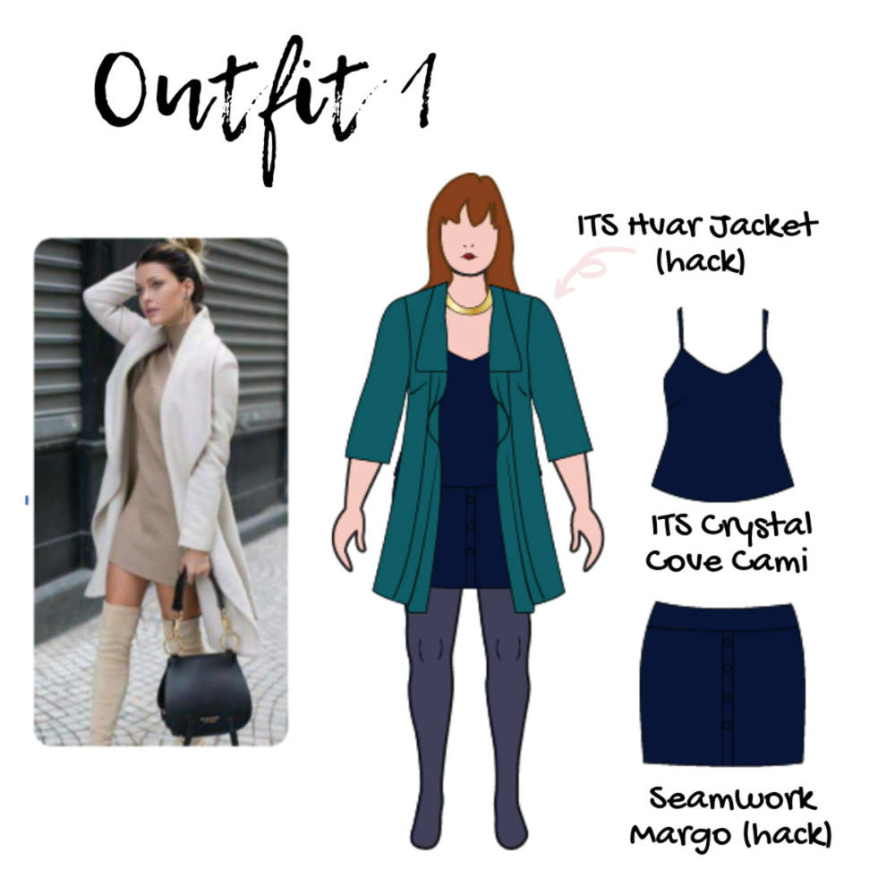 Outfit 1 of Jacqui's New Year capsule wardrobe, sketched on her custom fashion croquis from MyBodyModel: Itch to Stitch Crystal Cove Cami in Navy, shortened Seamwork Margo Pencil Skirt in Navy, lengthened Itch to Stitch Hvar Jacket in Teal