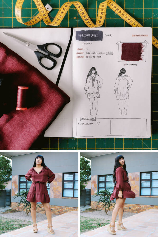 Raylene's year of fashion sewing from #sketch2finish! Sewing pattern: True Bias Roscoe Dress, a short long sleeved boho-inspired dress in an oxblood red euro linen. Here we see Raylene's original bullet journal sketch on her custom croquis figure from MyBodyModel alongside her finished garment, styled with a thin belt and summery neutral colored wedges.