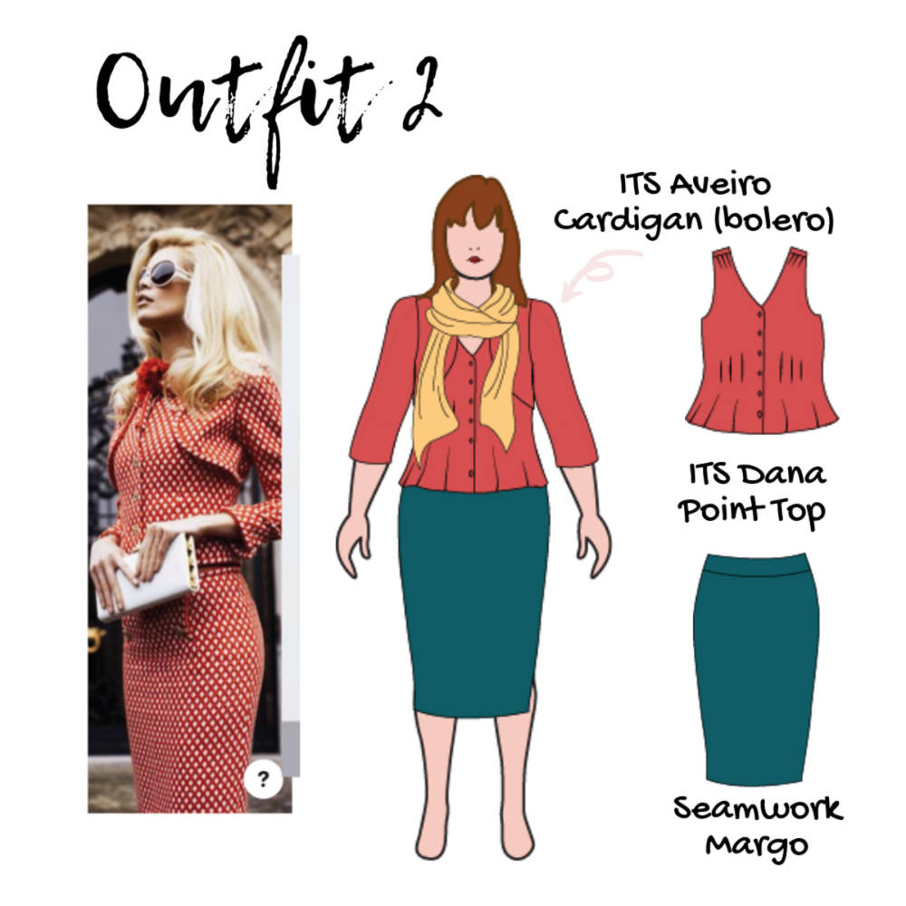 Outfit 2 of Jacqui's New Year capsule wardrobe, sketched on her custom fashion croquis from MyBodyModel: vintage inspired full length Seamwork Margo pencil skirt in Teal, Itch to Stitch Dana Point Top in Coral, Itch to Stitch Aveiro bolero cardigan in Coral, and a scarf in Light Gold