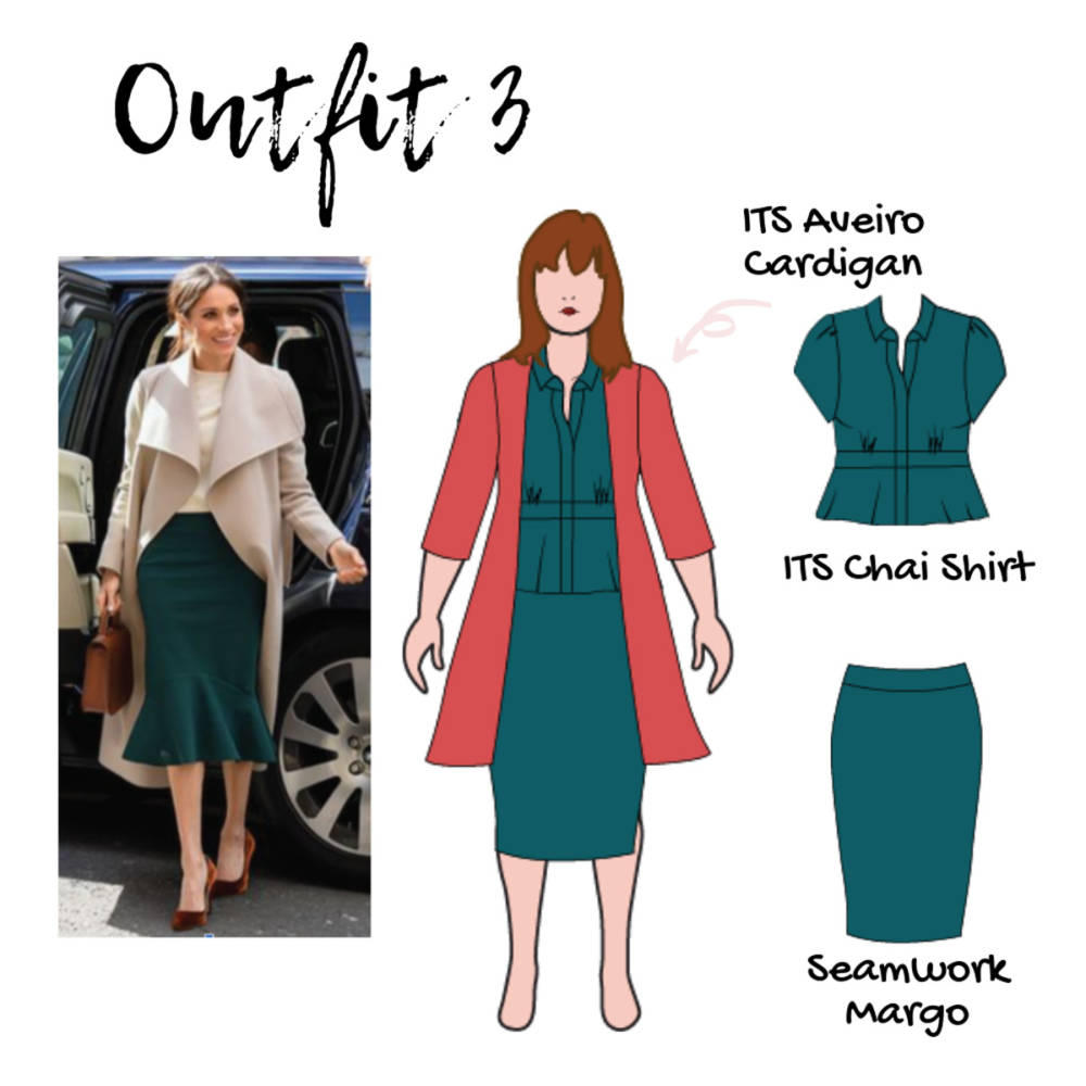 Outfit 3 of Jacqui's New Year capsule wardrobe, sketched on her custom fashion croquis from MyBodyModel: Megan Markle inspired full length Seamwork Margo pencil skirt and Itch to Stitch Chai Shirt in Teal, long Itch to Stitch Aveiro cardigan in Coral