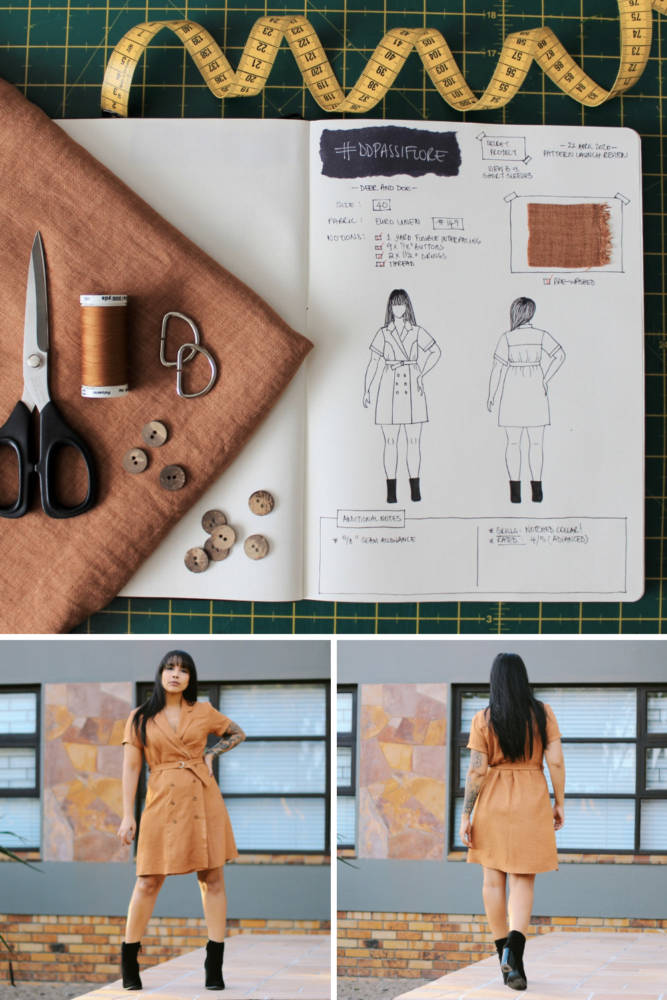 Raylene's year of fashion sewing from #sketch2finish! Sewing pattern: Deer and Doe Passiflore Coat Dress, a short sleeved belted coat dress in an orange-toned euro linen. Here we see Raylene's original bullet journal sketch on her custom croquis figure from MyBodyModel alongside her finished garment, styled with a dark chunky-heel boot.
