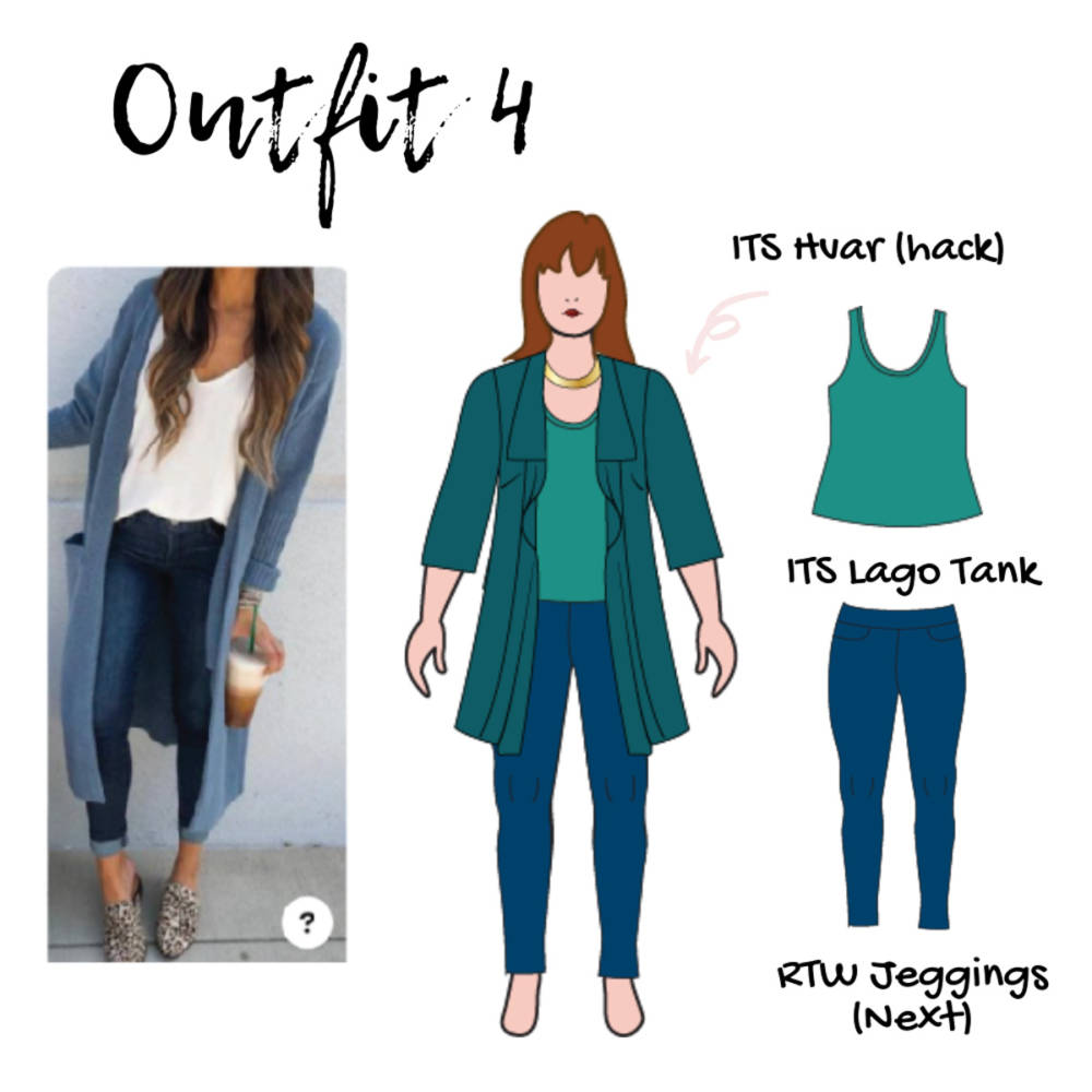 Outfit 4 of Jacqui's New Year capsule wardrobe, sketched on her custom fashion croquis from MyBodyModel: relaxed yet stylish Itch to Stitch Hvar Jacket in Teal, Itch to Stitch Lago Tank in Emerald Turquoise, and blue Next Jeggings