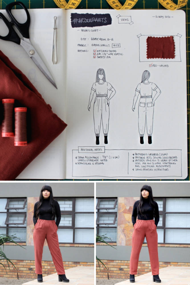 Raylene's year of fashion sewing from #sketch2finish! Sewing pattern: Helen's Closet Arden Pants, a classic high-waisted elastic waist pant in a muted coral Rayon Challis. Here we see Raylene's original bullet journal sketch on her custom croquis figure from MyBodyModel alongside her finished garment, styled with a black turtleneck and dark chunky-heel boot.