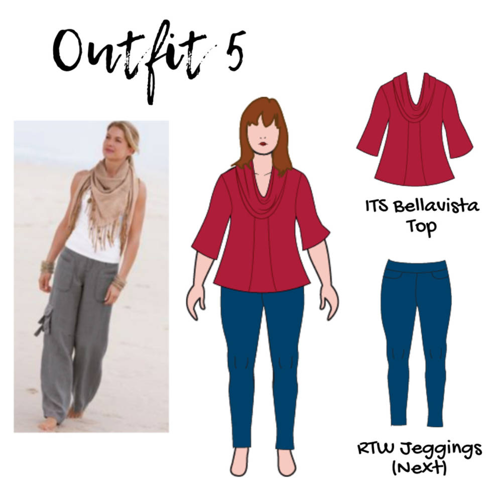 Outfit 5 of Jacqui's New Year capsule wardrobe, sketched on her custom fashion croquis from MyBodyModel: a winter interpretation of a casual summer look with Itch to Stitch Bellavista Top in Tomato Red and blue Next Jeggings