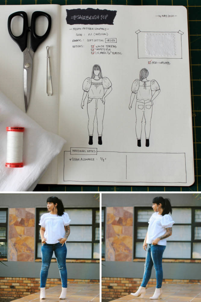 Raylene's year of fashion sewing from #sketch2finish! Sewing pattern: Friday Pattern Company Sagebrush Top, an elegant yet breezy puffed sleeves top with ruffles in a white Swiss Dot Cotton. Here we see Raylene's original bullet journal sketch on her custom croquis figure from MyBodyModel alongside her finished garment, styled with medium wash skinny jeans and heeled white ankle boots.