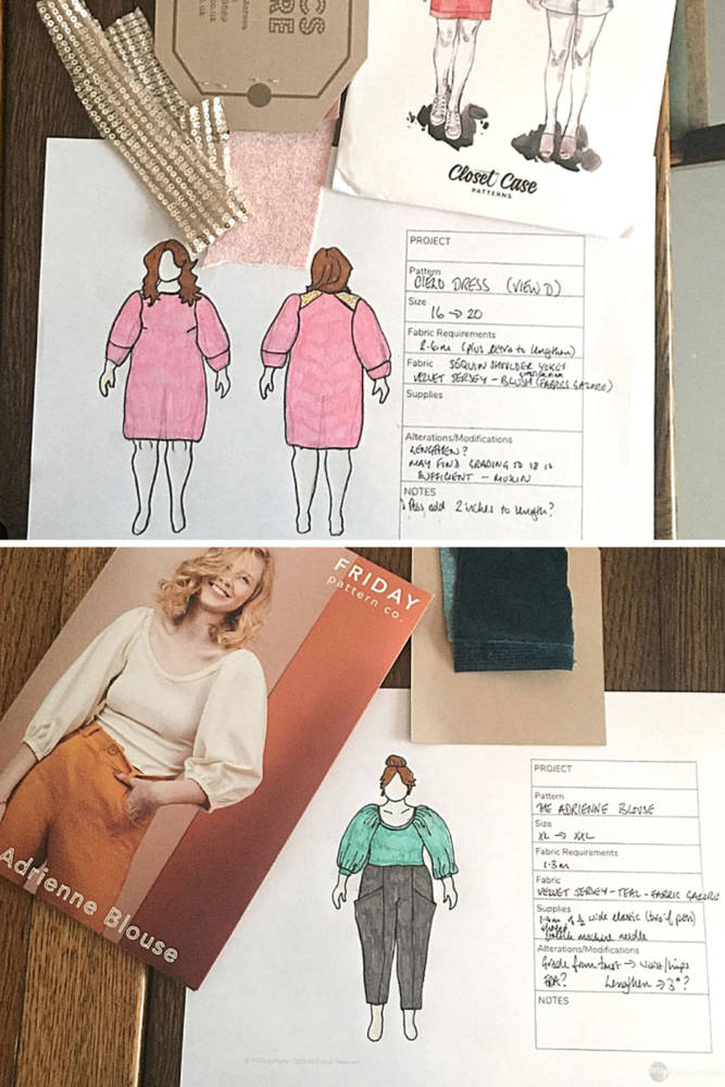 I absolutely love these photos by @lisamargreet showing how she uses her MyBodyModel Project Planner pages to design her sewing projects. Here we see how she's used two different Project Planner formats: One with the front and back view croquis, where she's planning a Closet Core Cielo dress with sequins; and one with just the front view croquis, where she's planning an Adrienne blouse by Friday Pattern Company. Every purchase from MyBodyModel includes a printable Project Planner PDF featuring your body model croquis, and many different page format options from 1 to 12 croquis per page