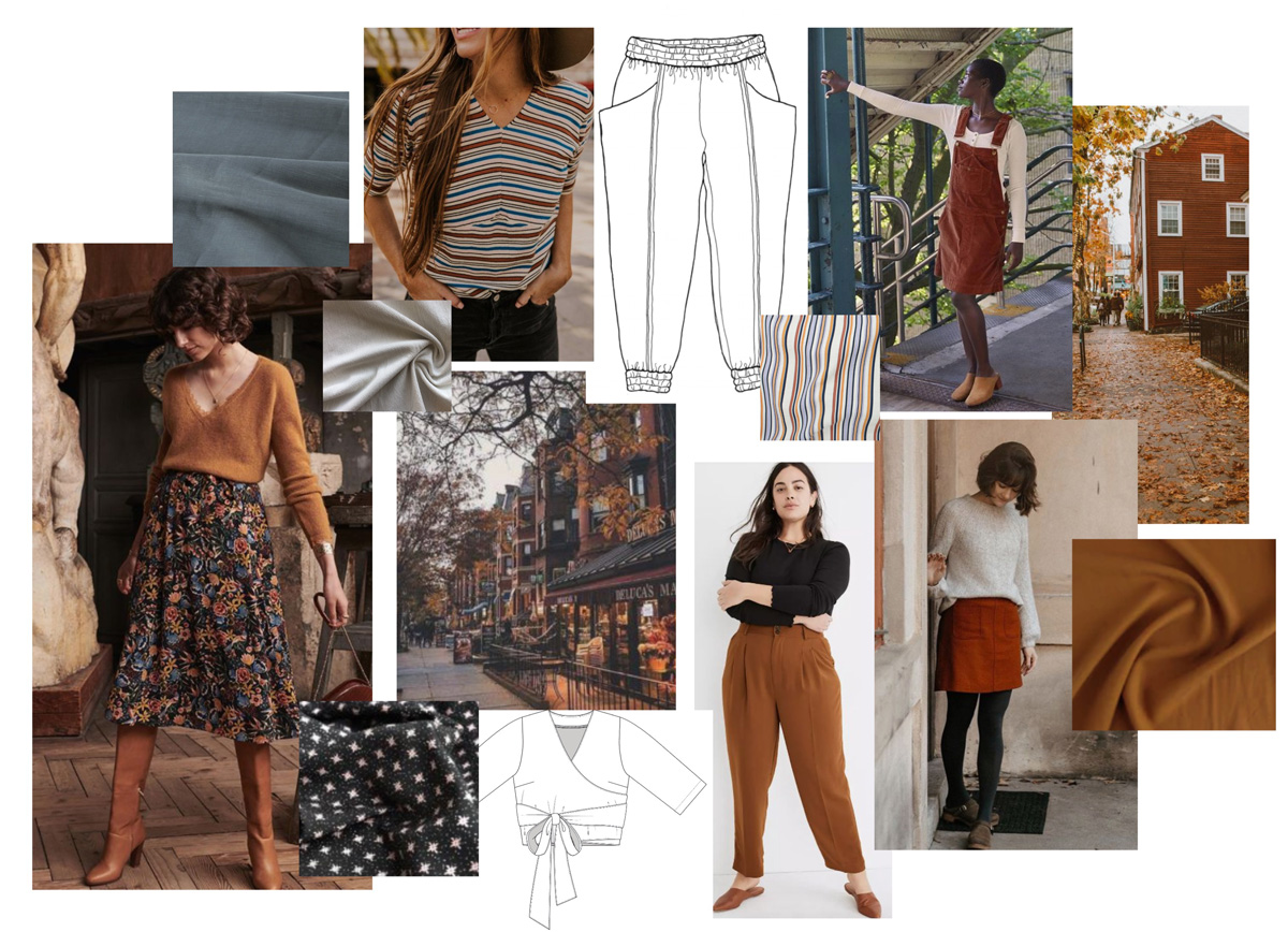 Alyssa's autumn style mood board collage, including various clothing items and pattern silhouettes with a fall earth tone color scheme.