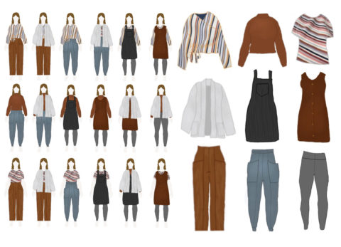 Overview of outfit combinations for Alyssa's Autumn capsule wardrobe on MyBodyModel croquis