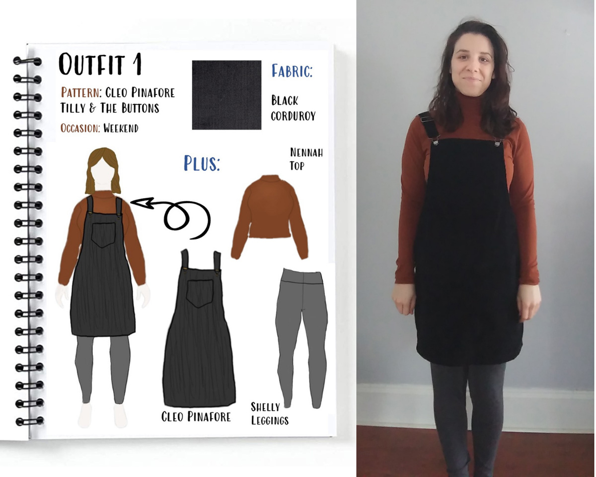 Outfit 1 from Alyssa's autumn capsule wardrobe drawn on her custom MyBodyModel croquis: Mini version of the Cleo Pinafore from Tilly and the Buttons layered over a Neenah Sweater and Shelly Leggings by Seamwork.