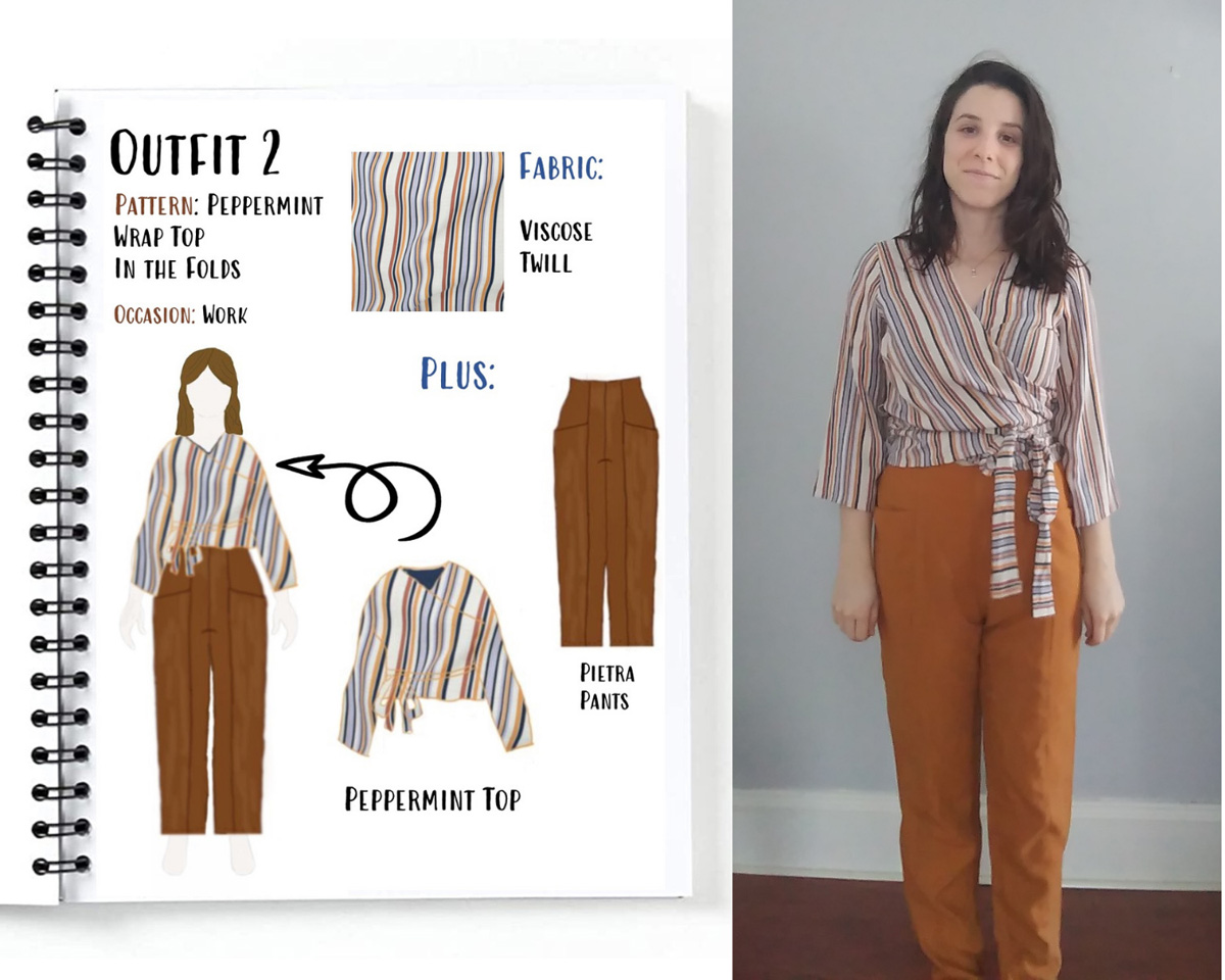 Outfit 2 from Alyssa's autumn capsule wardrobe drawn on her custom MyBodyModel croquis: A striped Peppermint Wrap Top from In the Folds paired with Pietra Pants by Closet Core.