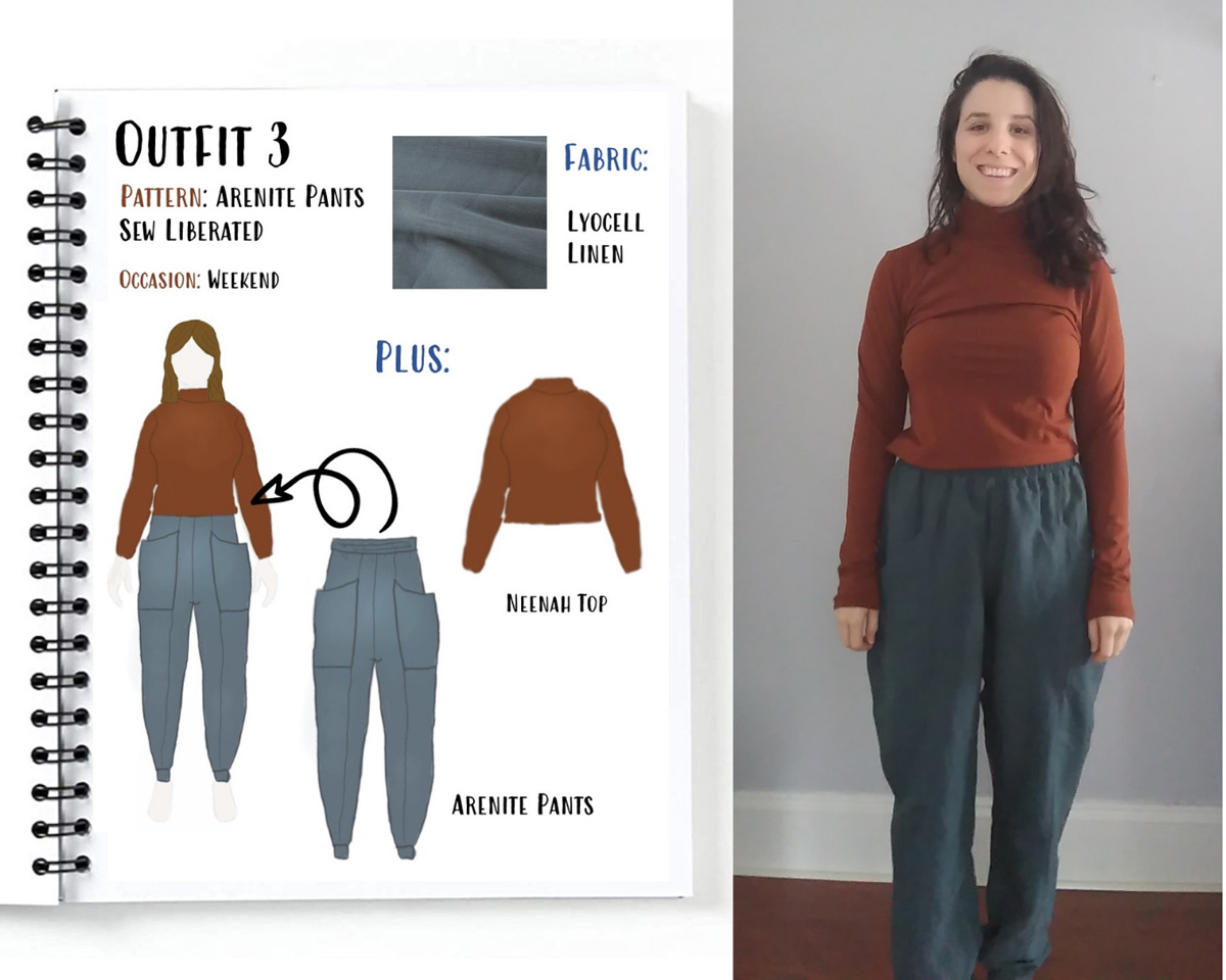 Outfit 3 from Alyssa's autumn capsule wardrobe drawn on her custom MyBodyModel croquis: Linen Arenite Pants from Sew Liberated paired with a solid mock Neenah sweater from Seamwork.