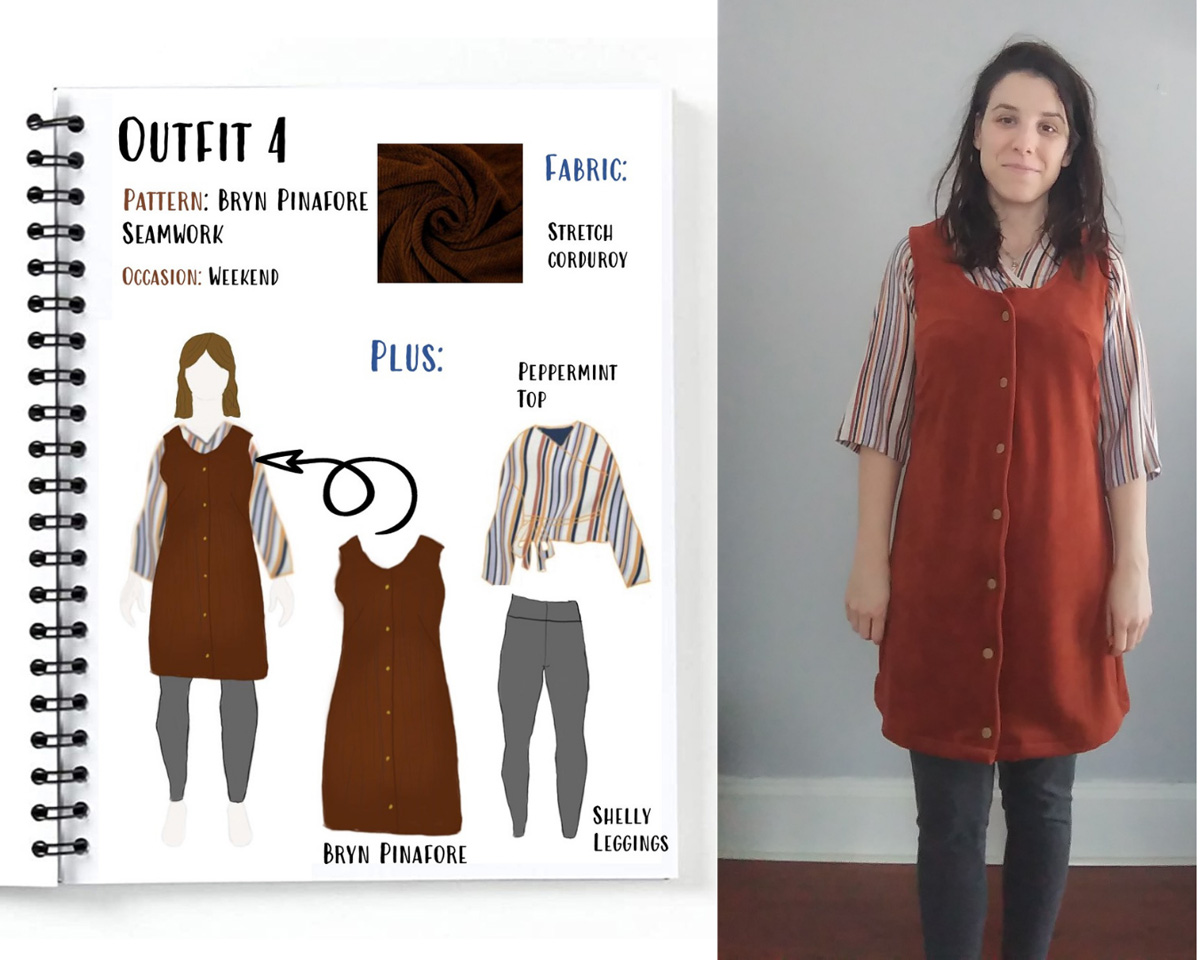Outfit 4 from Alyssa's autumn capsule wardrobe drawn on her custom MyBodyModel croquis: The Bryn Pinafore by Seamwork in a rust stretch corduroy and the striped Peppermint Wrap Top by In the Folds