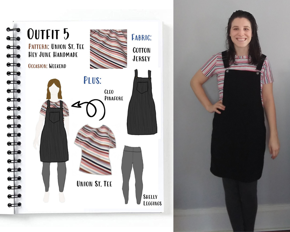 Outfit 5 from Alyssa's autumn capsule wardrobe drawn on her custom MyBodyModel croquis: The Cleo Pinafore from Tilly and the Buttons paired with a striped Union St. Tee from Hey June Handmade.