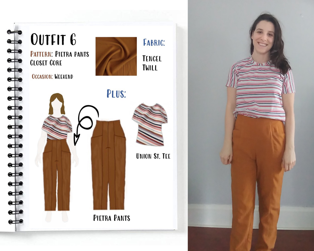 Outfit 6 from Alyssa's autumn capsule wardrobe drawn on her custom MyBodyModel croquis: A twill pair of golden Pietra Pants from Closet Core paired with a striped Union St. Tee from Hey June Handmade.