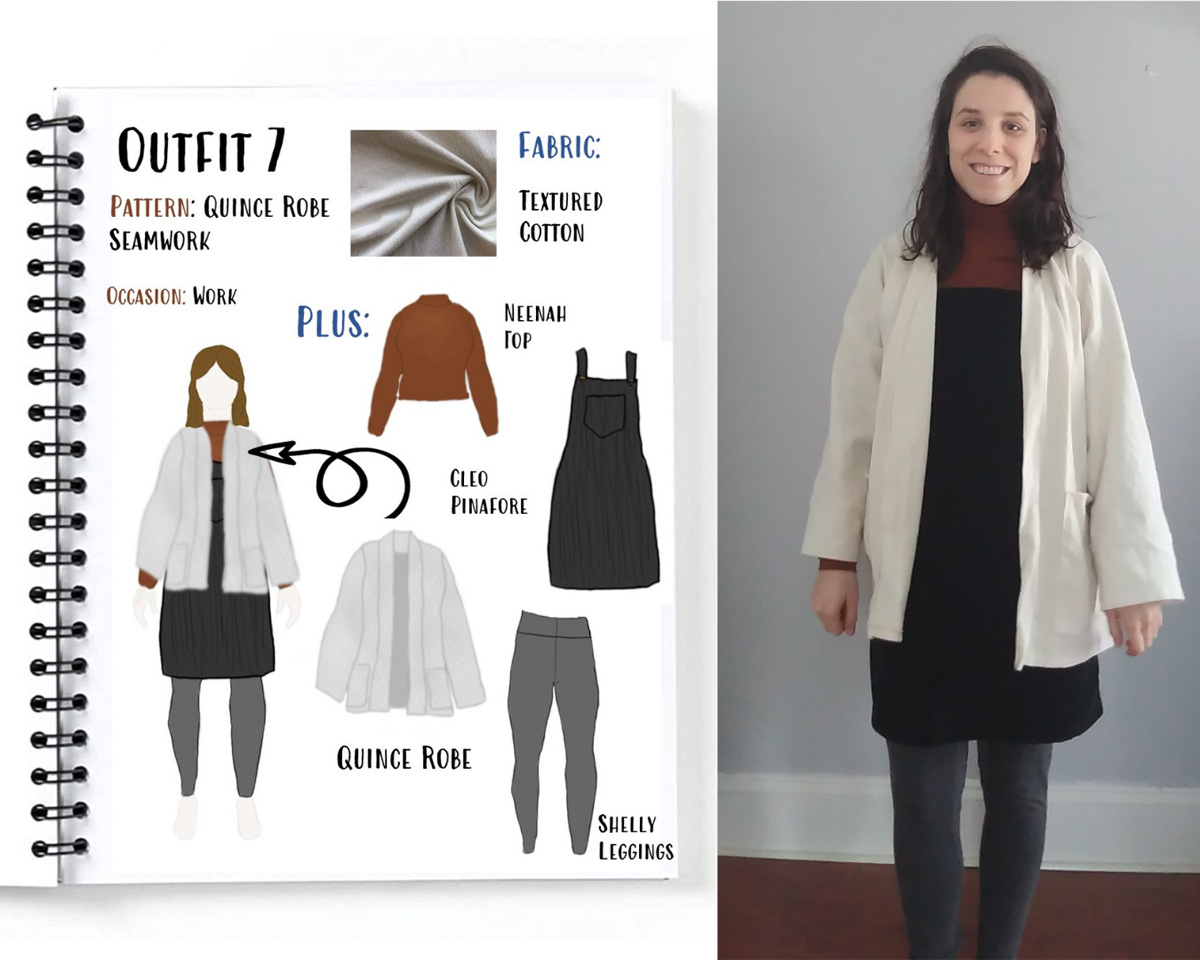 Outfit 7 from Alyssa's autumn capsule wardrobe drawn on her custom MyBodyModel croquis: The Seamwork Quince robe in a textured cotton layered over a Neenah Top by Seamwork, Cleo Pinafore by Tilly and the Buttons, and Shelly Leggings by Seamwork.