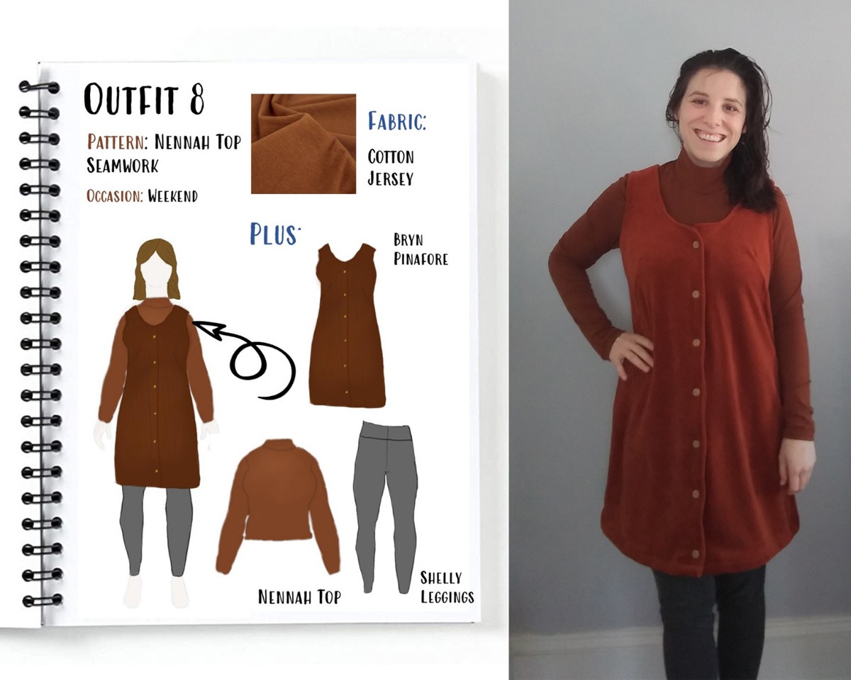 Outfit 8 from Alyssa's autumn capsule wardrobe drawn on her custom MyBodyModel croquis: The Seamwork Neenah Top in a rust colored jersey layered underneath the Bryn Pinafore by Seamwork.