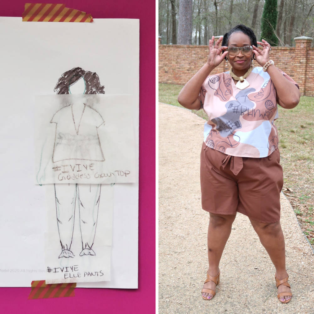 Nateida's #Sketch2Finish look for her Black History Month Pattern Designer Challenge on her MyBodyModel croquis: Iviye Patterns Goddess Gown Top & Elle pants in earth toned #BHMPatternDesigners custom limited edition woven fabric.