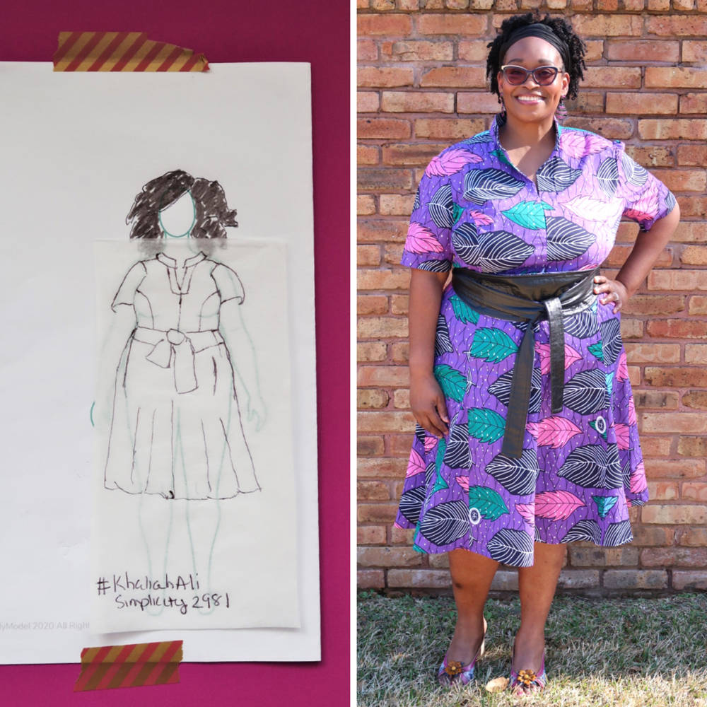 Nateida's #Sketch2Finish Khaliah Ali Simplicity 2981 look designed for her Black History Month Pattern Designer Challenge sketched on her custom MyBodyModel croquis.