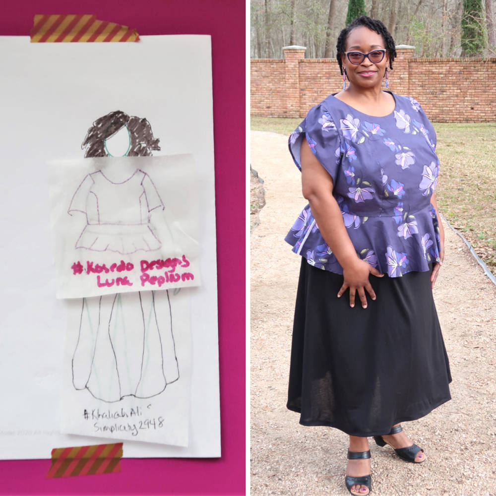 Nateida's #Sketch2Finish look for her Black History Month Pattern Designer Challenge on her MyBodyModel croquis: Kosedo Designs Luna Peplum Top in purple floral #BHMPatternDesigners custom limited edition woven fabric.