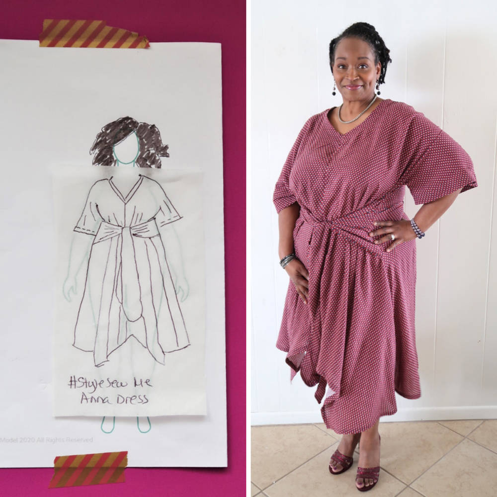 Nateida's #Sketch2Finish look for her Black History Month Pattern Designer Challenge on her MyBodyModel croquis: Style Sew Me Anna Dress in red and white dotted fabric from Sew Much Fabric.