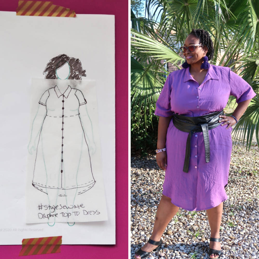 Nateida's #Sketch2Finish look for her Black History Month Pattern Designer Challenge on her MyBodyModel croquis: Style Sew Me Daphne Top in purple linen fabric from Melanated Fabrics.