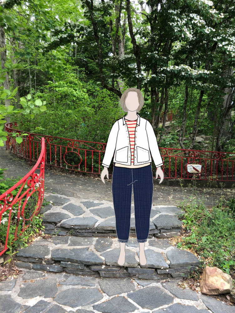 Looking stylish on a garden stroll, Me Made May edition! We love Pam's digital clothing sketch on her MyBodyModel croquis:  Rhett Jacket by Seamwork, Mandy Boat Tee by Tessuti, Arden Pants by Helen's Closet