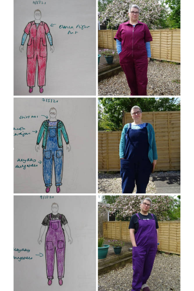 We love @sas_whitehart color-filled wardrobe of knitted and sewn garments! Patterns: Bianca Flight Suit by Closet Core; Shirt No 1 by 100 Days of Sewing, Heyday Dungarees by Waves and Wild, & Lush Cardigan by Tin Can Knits; Heyday Dungarees by Waves and Wild.
