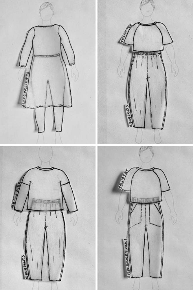 MyBodyModel Paper dolls for grownups, outfit sketches by @secret_pockets: adder Stripes dress from Ottobre, Elliot Tee from Helen's Closet, Bob Pants from Style Arc, LB Pullover from Paper Theory, Free Range Slacks from Sew House Seven