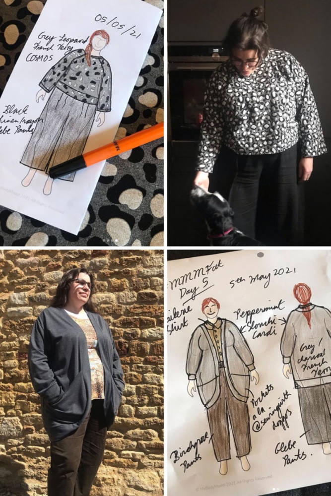 Charlie's outfit sketches on her MyBodyModel croquis, alongside her outfit as worn in real life! Cosmos Sweatshirt by Sew House Seven & Glebe Pants by Muna and Broad; Waikerie Shirt, Glebe Pants, and Birchgrove Pants by Muna and Broad & Slouchy Cardi by Peppermint Magazine