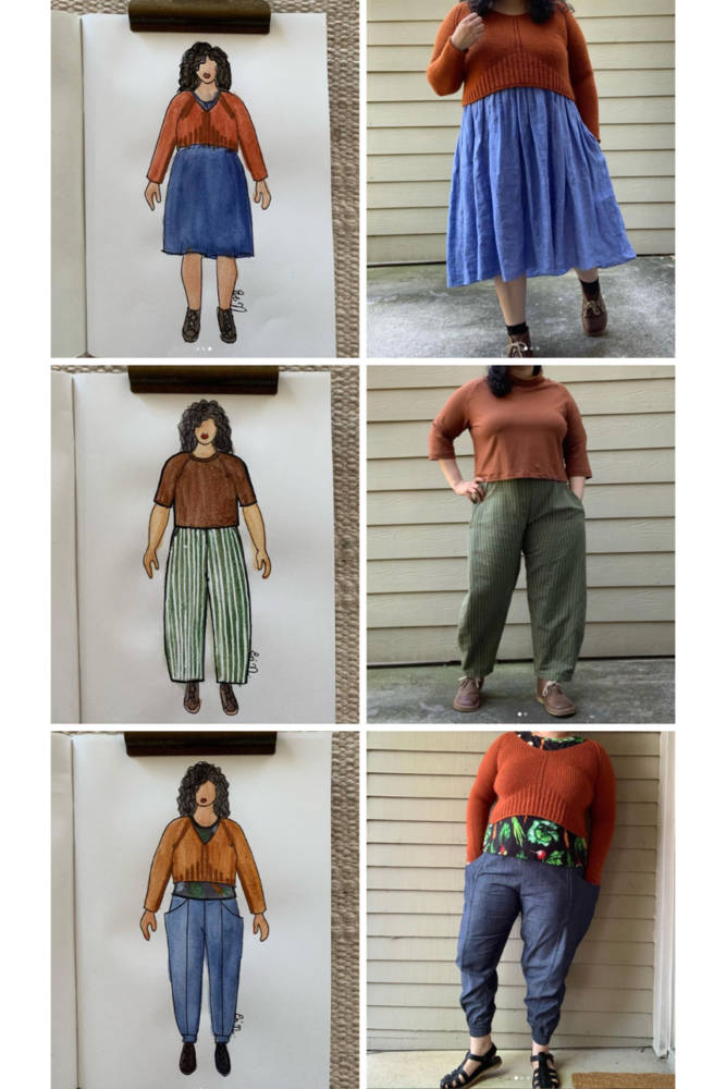 Eri's MyBodyModel 3x3 capsule planning sketches and completed outfits! Ursa sweater by Jacqueline Cieslak & Hinterland Dress by Sew Liberated; Elliot Sweater by Helen's Closet & Bob Pants by Style Arc; Concord T-shirt by Cashmerette, Ursa sweater by Jacqueline Cieslak, & Arenite Pants by Sew Liberated